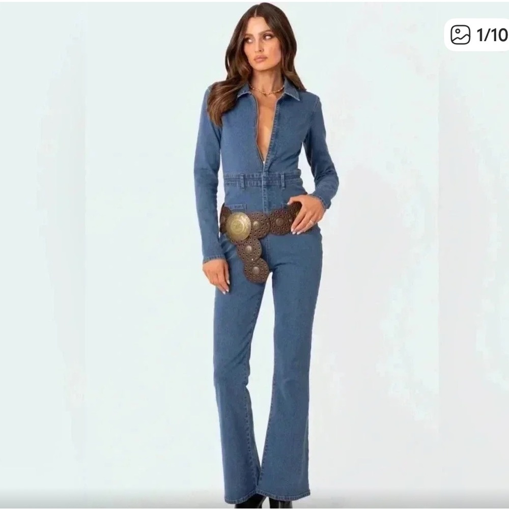 Edikted Front Zipper Long Sleeve Flare Leg Denim Jumpsuit